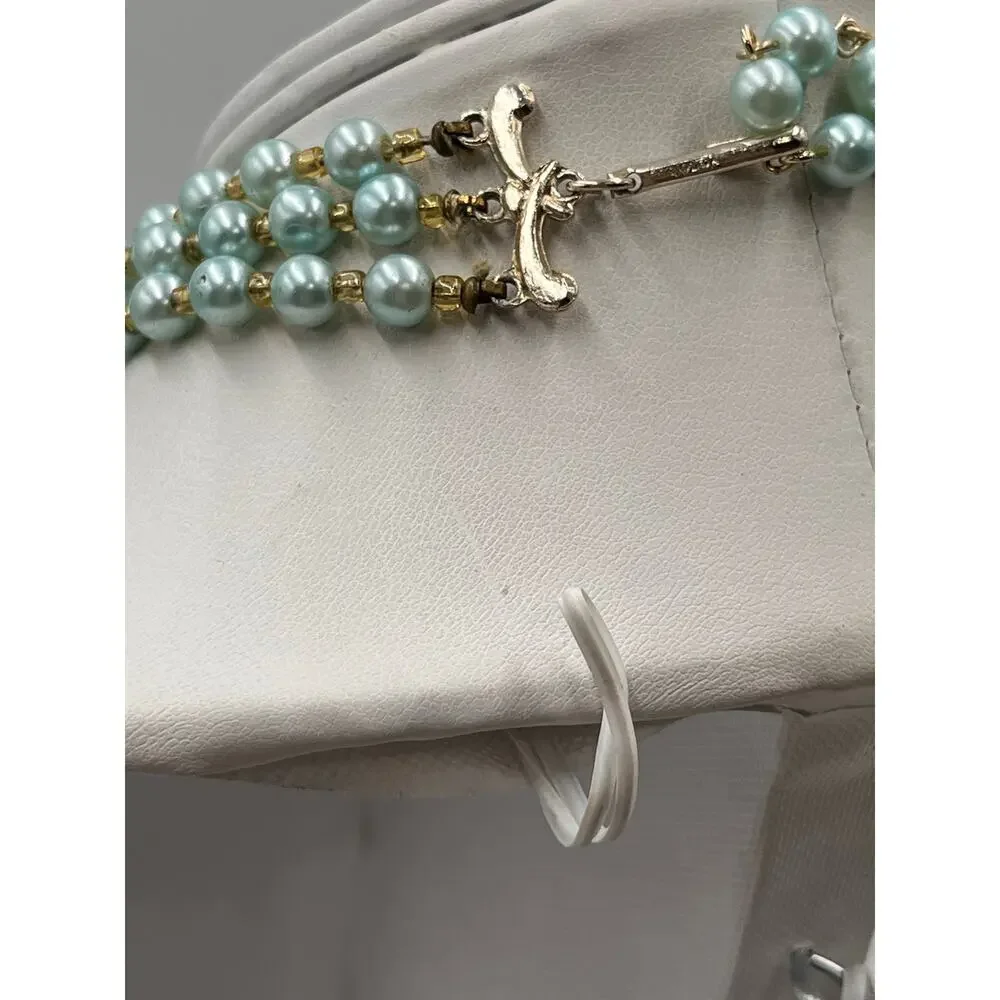 Japan Triple Strand‎ Teal Blue Beaded Necklace Graduated Beads Hook Closure